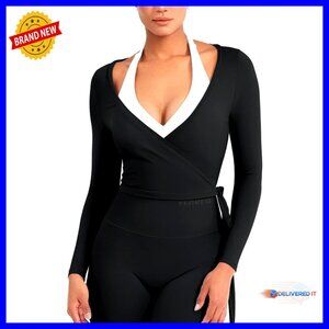 Long Sleeve V-Neck Wrap Top for Pilates Yoga Dance Slim Fit Stretchy